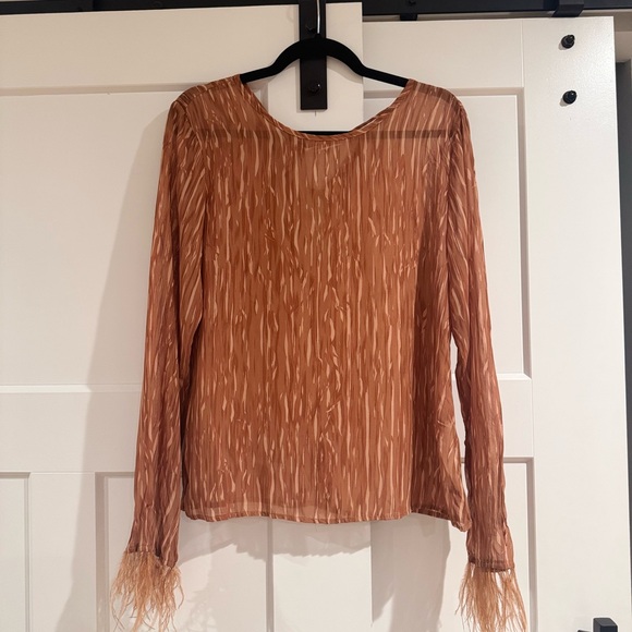 Moon River Tops - Moon River Textured Tan Blouse with Feather Cuffs